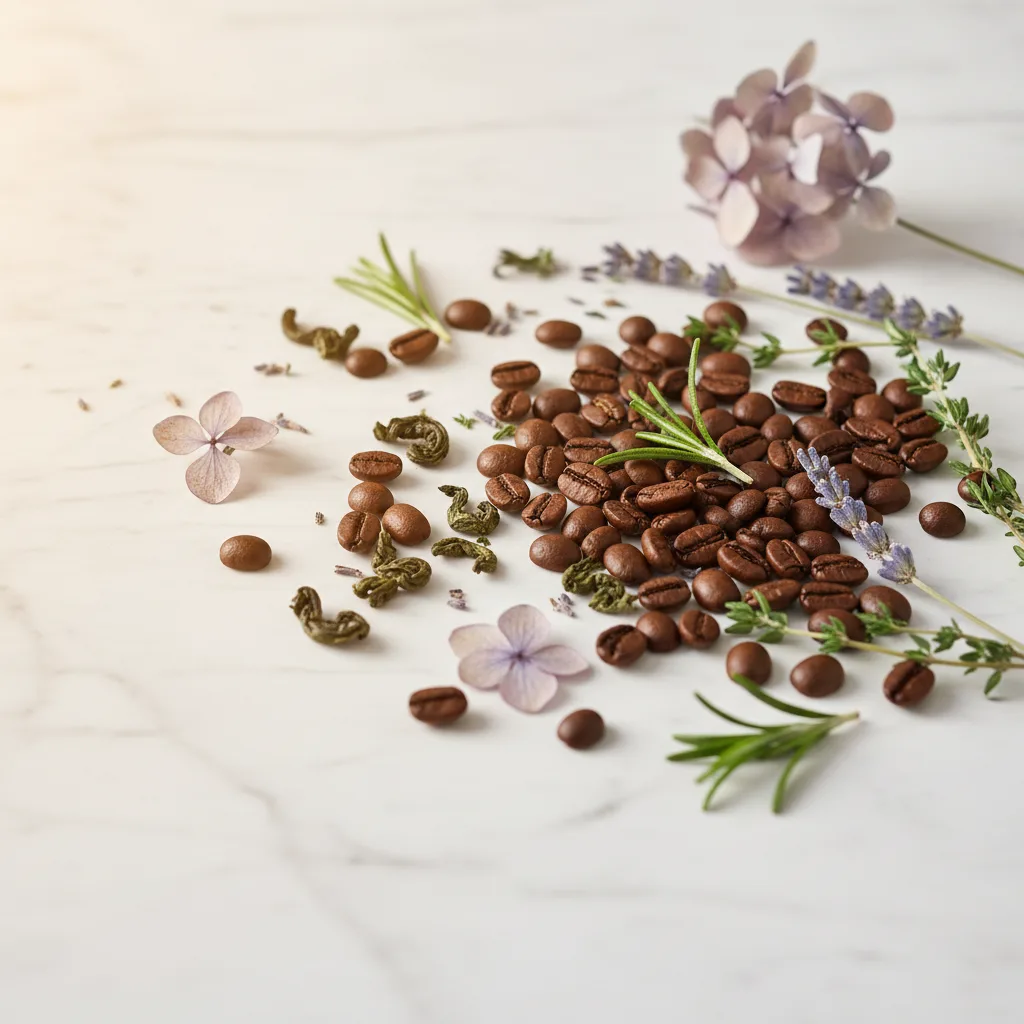 Roasted coffee beans and botanical herbs on a marble surface - Wellaray Coffee ingredient flat-lay