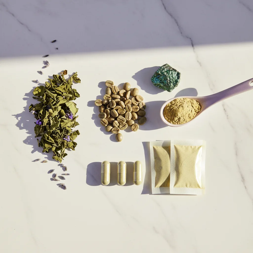 Green coffee beans, chromium mineral chip, and botanical herb powders in a flat-lay arrangement - Wellaray Coffee ingredient sourcing