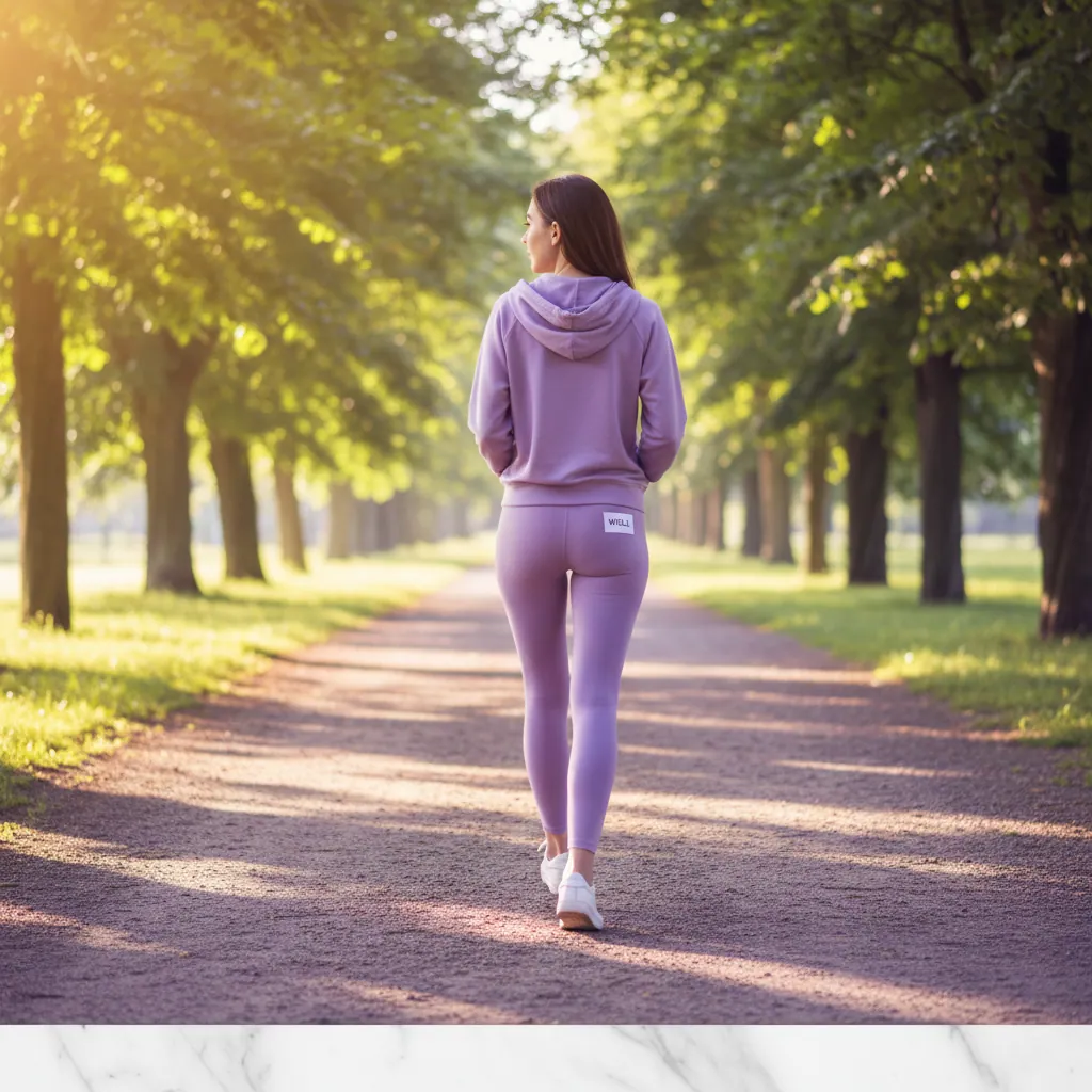 Anonymous person walking in a sunny park as part of an active everyday lifestyle alongside a plant-based wellness supplement routine