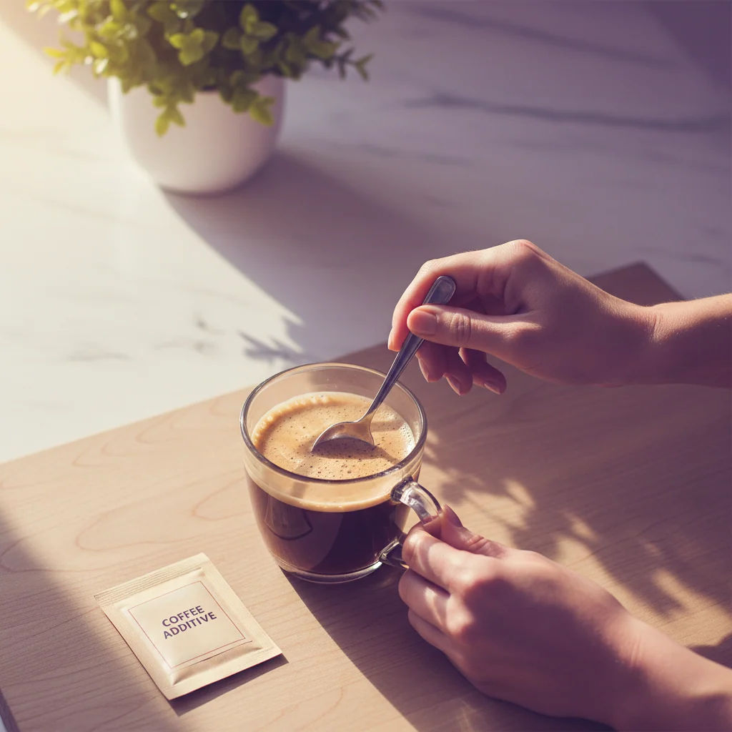 Anonymous hands stirring a glass mug of dark coffee on a wooden counter beside a metabolism support supplement sachet - morning routine
